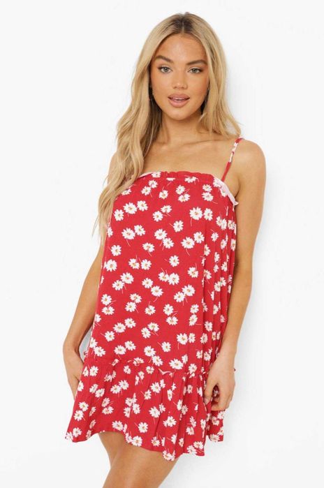 Rochie vara, scurta, rosu cu floricele albe, S