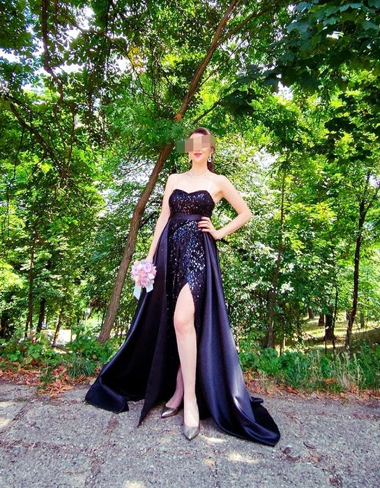 Trenă neagră din tafta grea, rochie nașă / de seara / deosebită