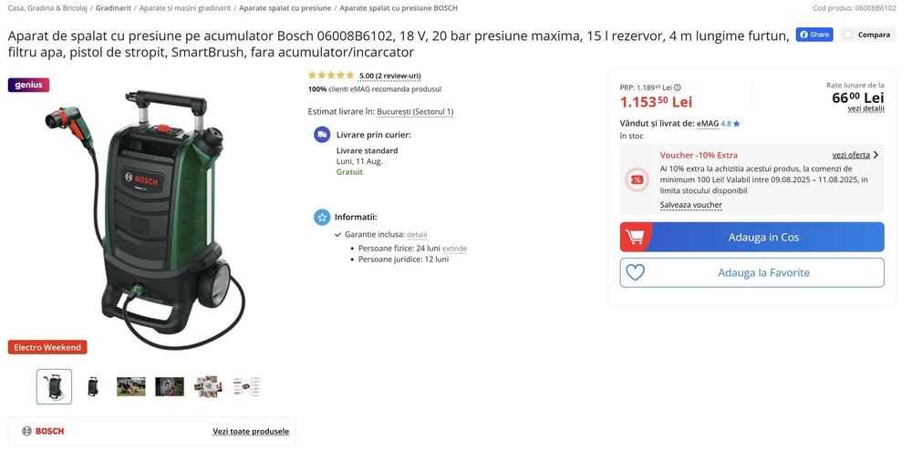 Aparat de spalat cu presiune pe acumulator Bosch Fontus 18 V