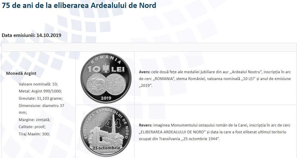 Moneda BNR 10 lei argint eliberarea Ardealului gradata NGC PF 69