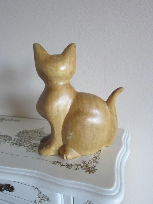 cadou inedit Pisica sculptura lemn Germania 1970