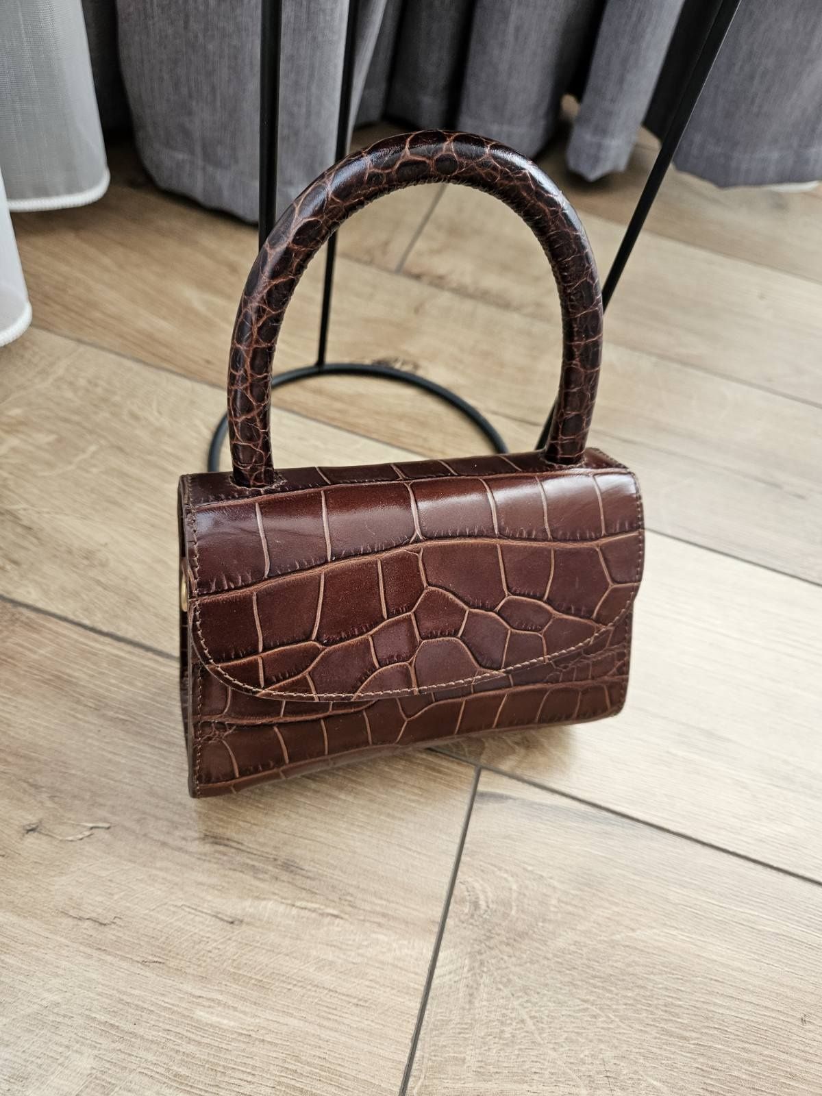 Чанта BY FAR Brown Mini Nutella Croco Top Handle Bag