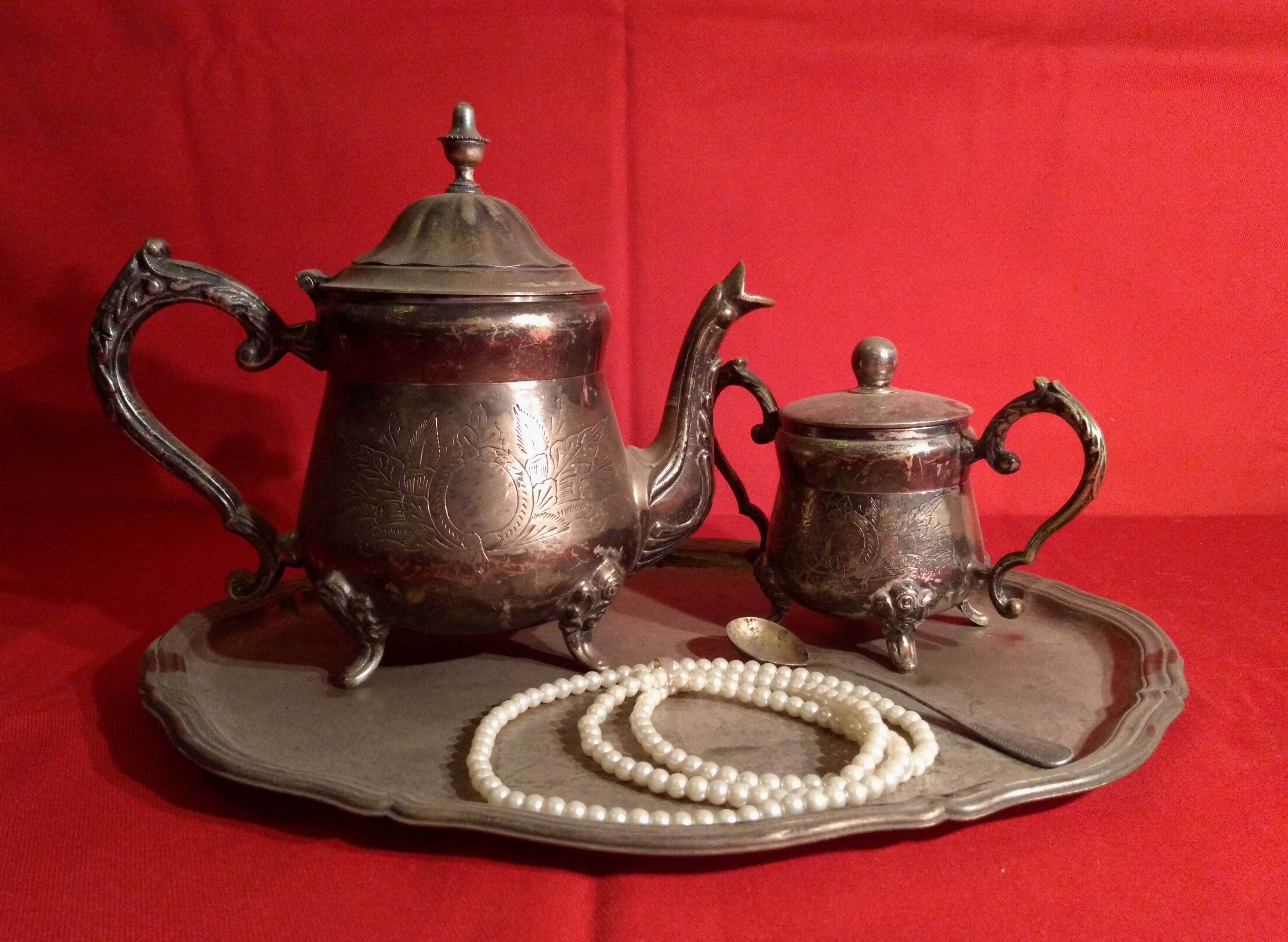 Set ceai/cafea din alama argintata |piese romanesti interbelice