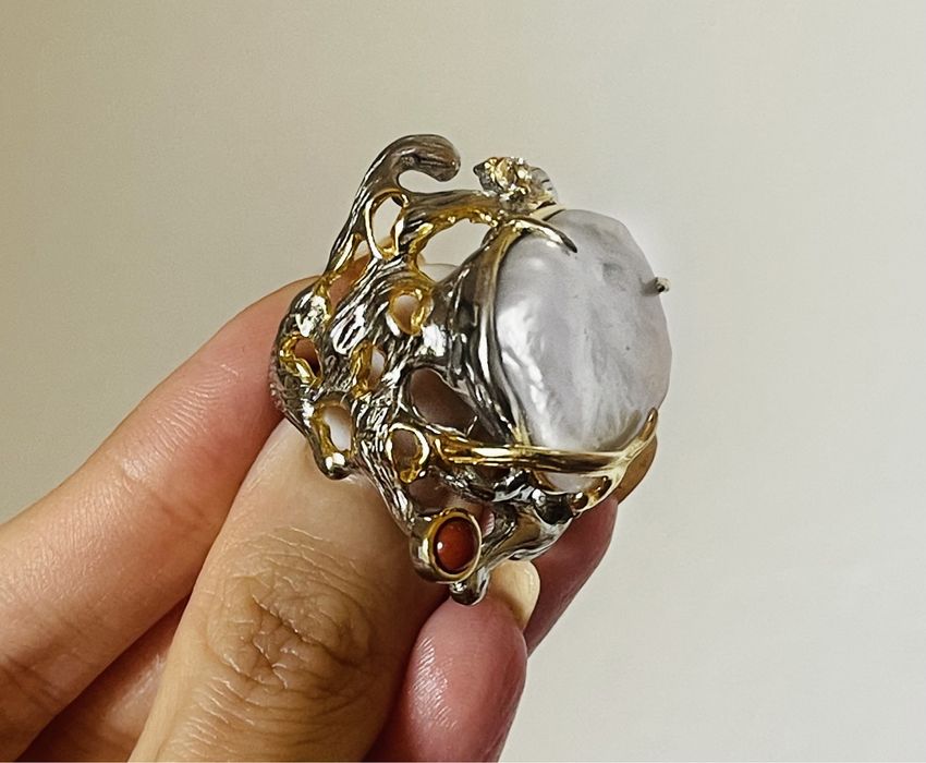 Inel superb pe comanda, 100% argint placat cu aur, perla naturala agat