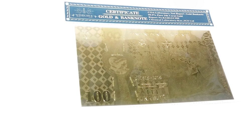 100 LEI Unire Centenar Bancnota colectie aur certificat 24k gold 2018