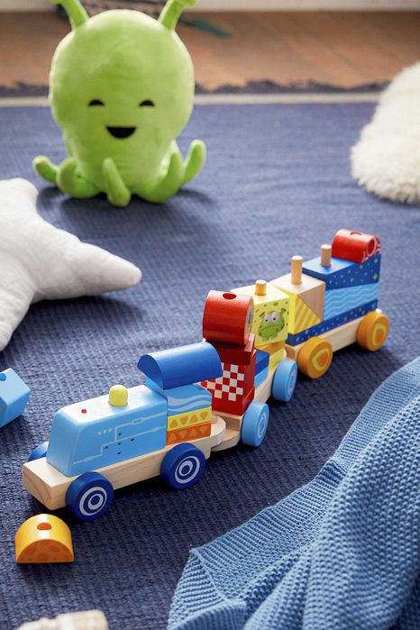 НОВИ! Дървен голям дидактически влак 57см със звук и светлина