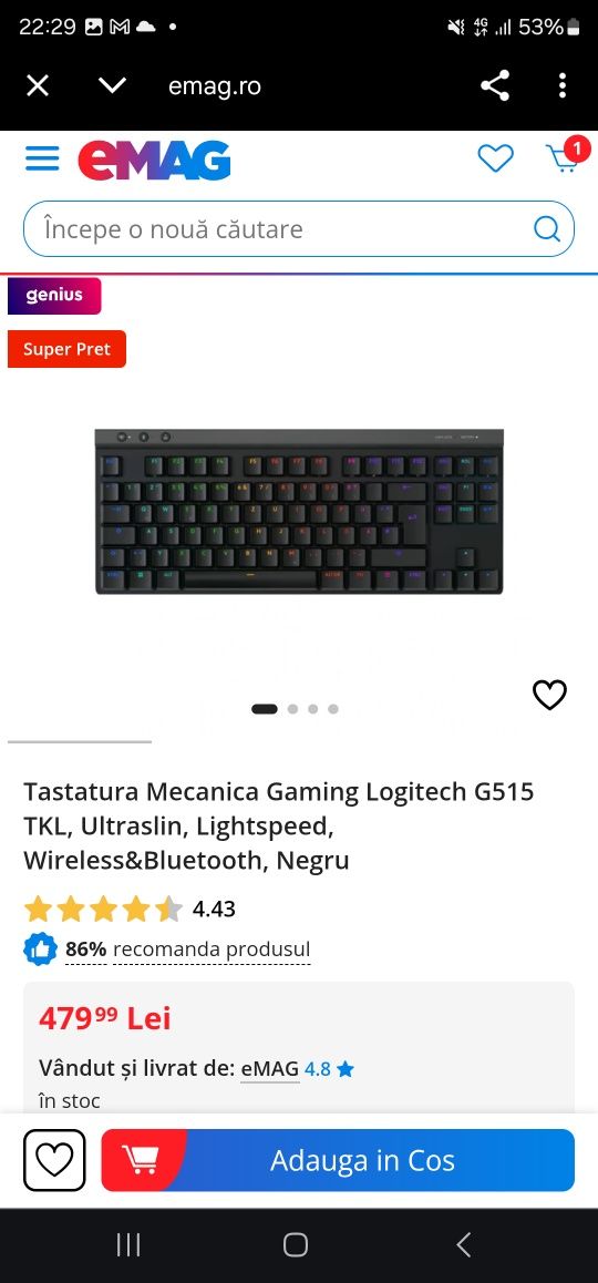 Tastatura Mecanica Gaming Logitech G515 TKL, Ultraslin, Lightspeed, Wi