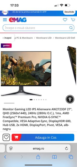 Vand Monitor Gaming Alienware AW2723DF 27”