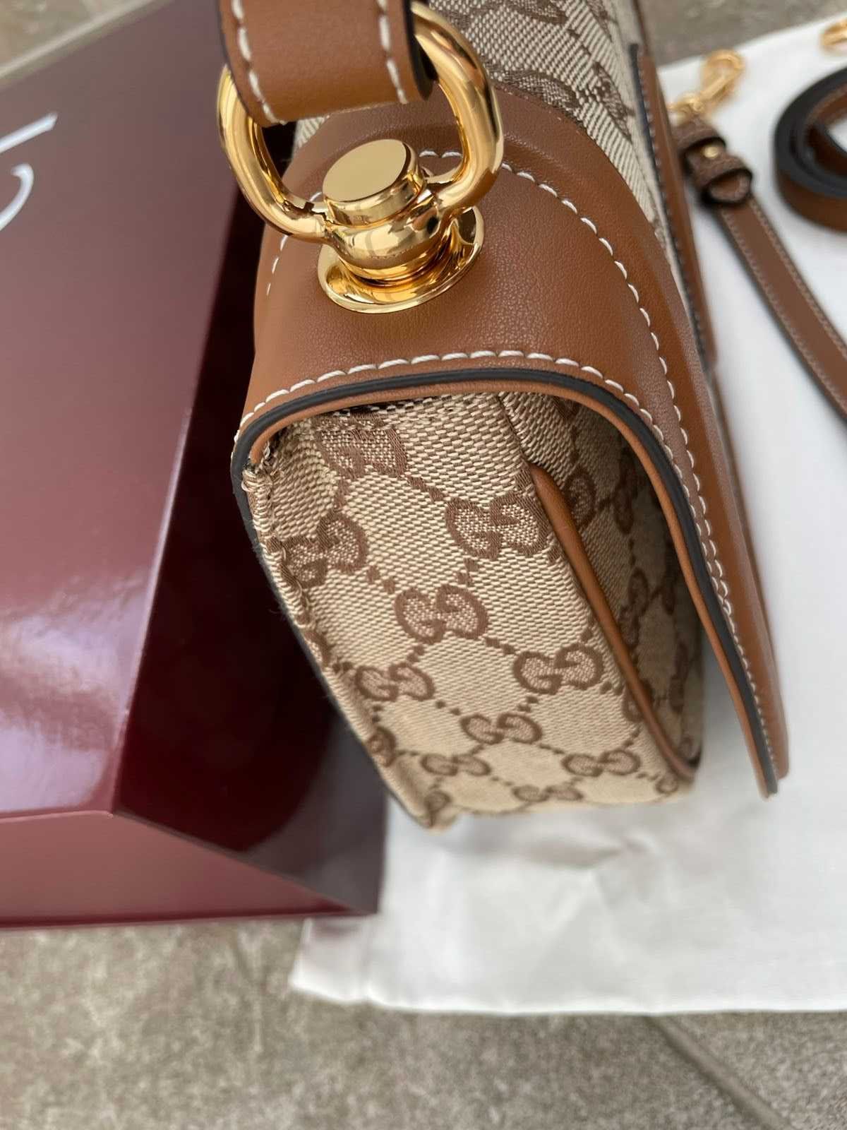 Gucci Чанта Blondie Гучи Кафявa Кожа Canvas Горна Дръжка Оригинална