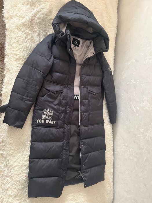 Куртка зима, длина миди, цвет мокрый асфальт, темно-серый