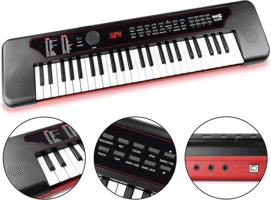 Синтезатор 49 клавиша Електронно пиано RockJam USB Черно Розово