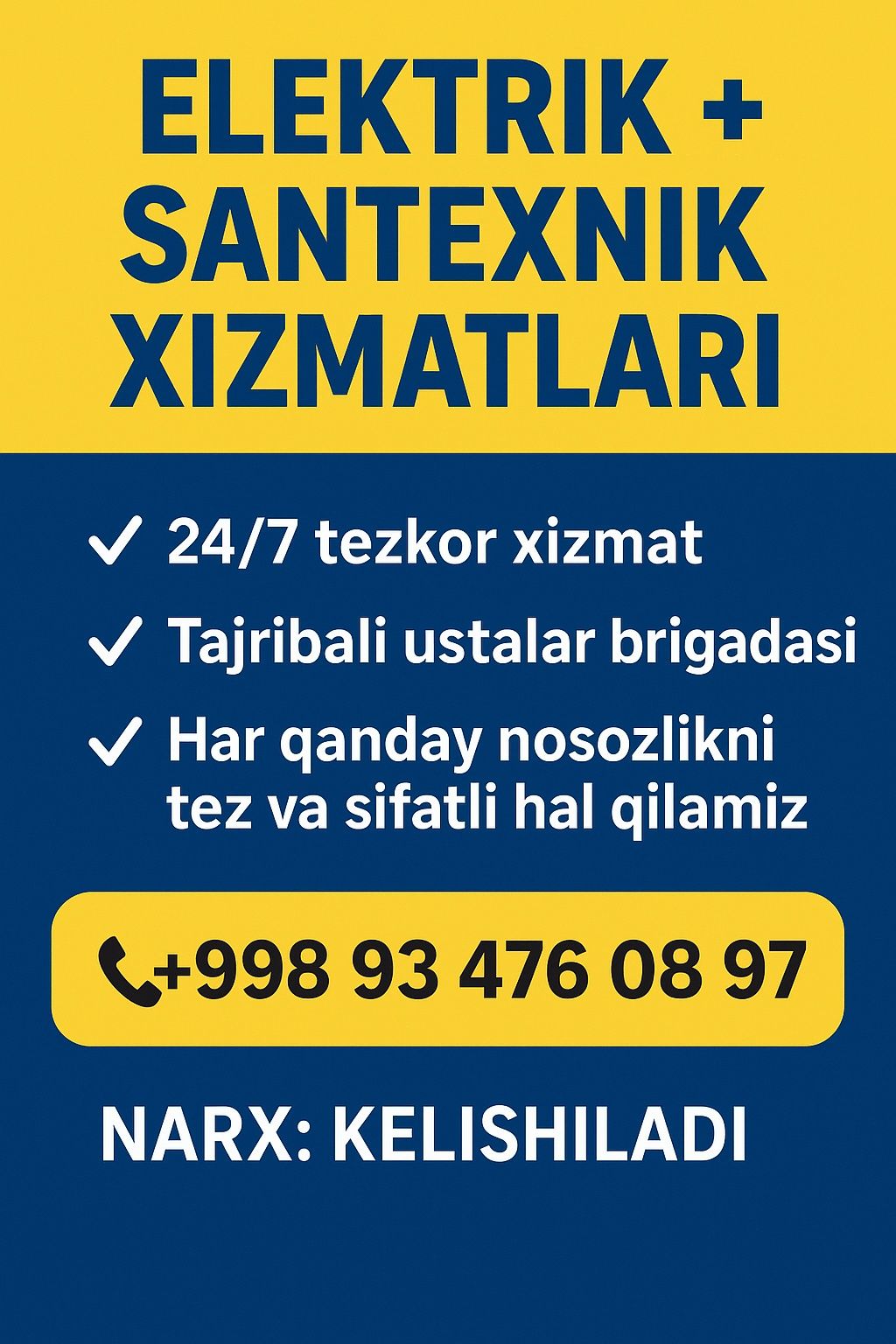 Elektrik +santexnik 24/7 xizmat kafolatli