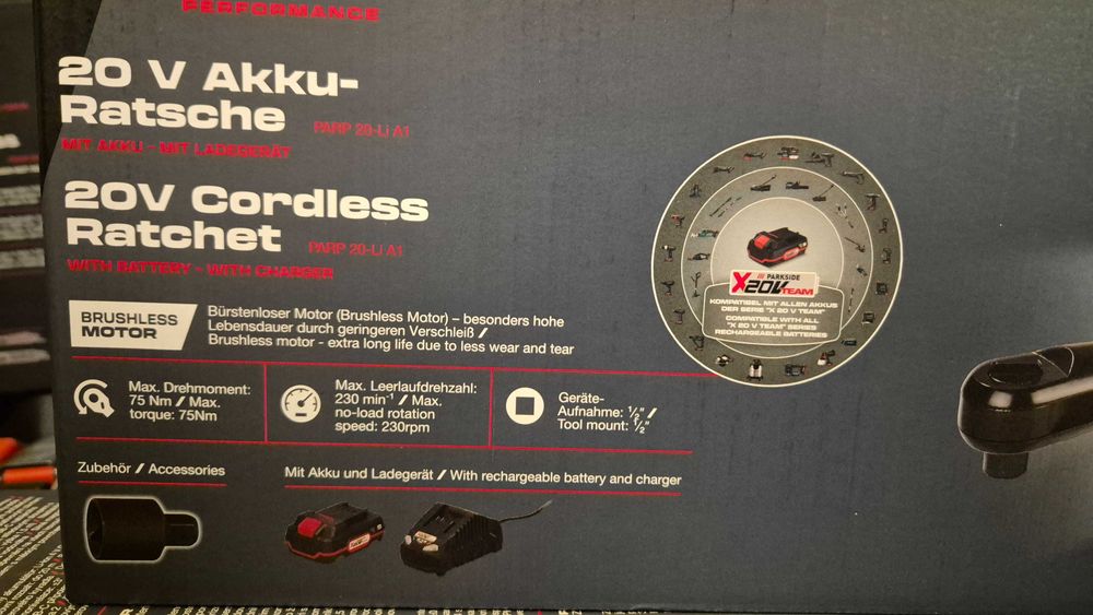 НОВА Parkside Performance 20V акумулаторна тресчотка със батерия и зар