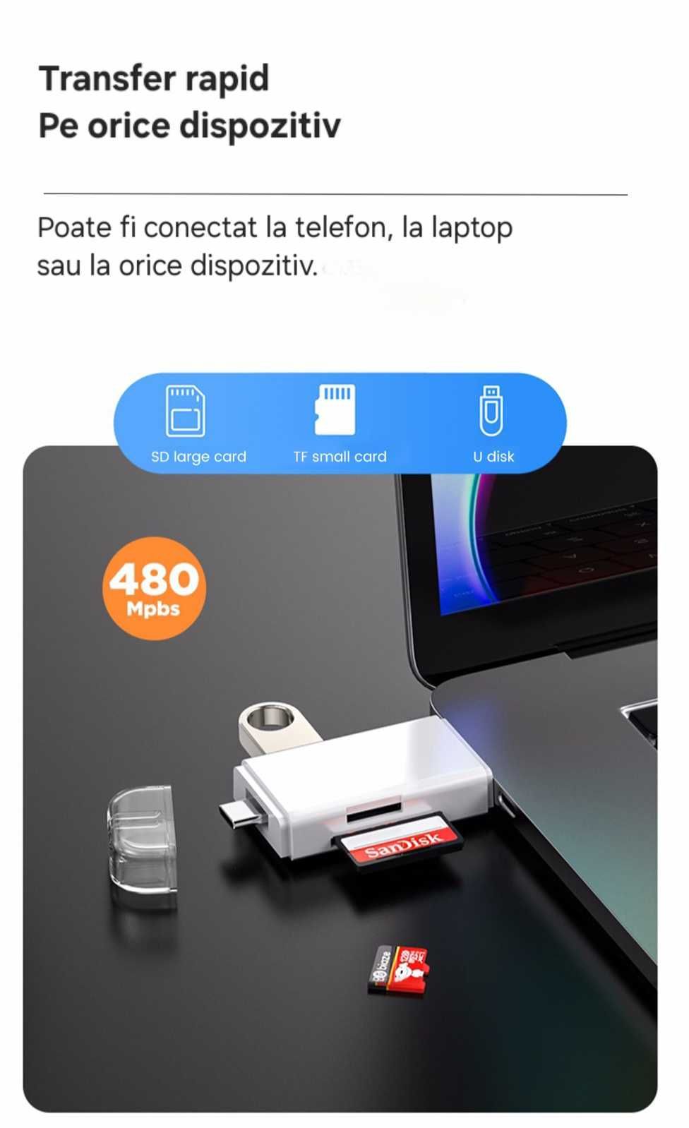 Cititor Card/Stick Memorie multifuncțional.Usb/Usb C/Micro. Tel+laptop