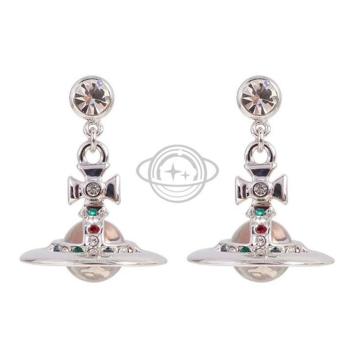 Cercei Vivienne Westwood orb argintiu si pietre colorate 10mm