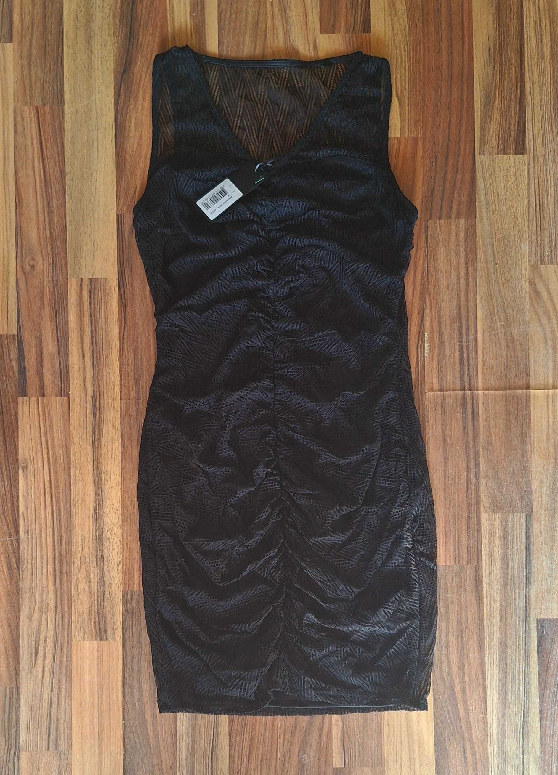 guess черна рокля  V-neck Sleeveless Textured Lace Mini Dress, Black