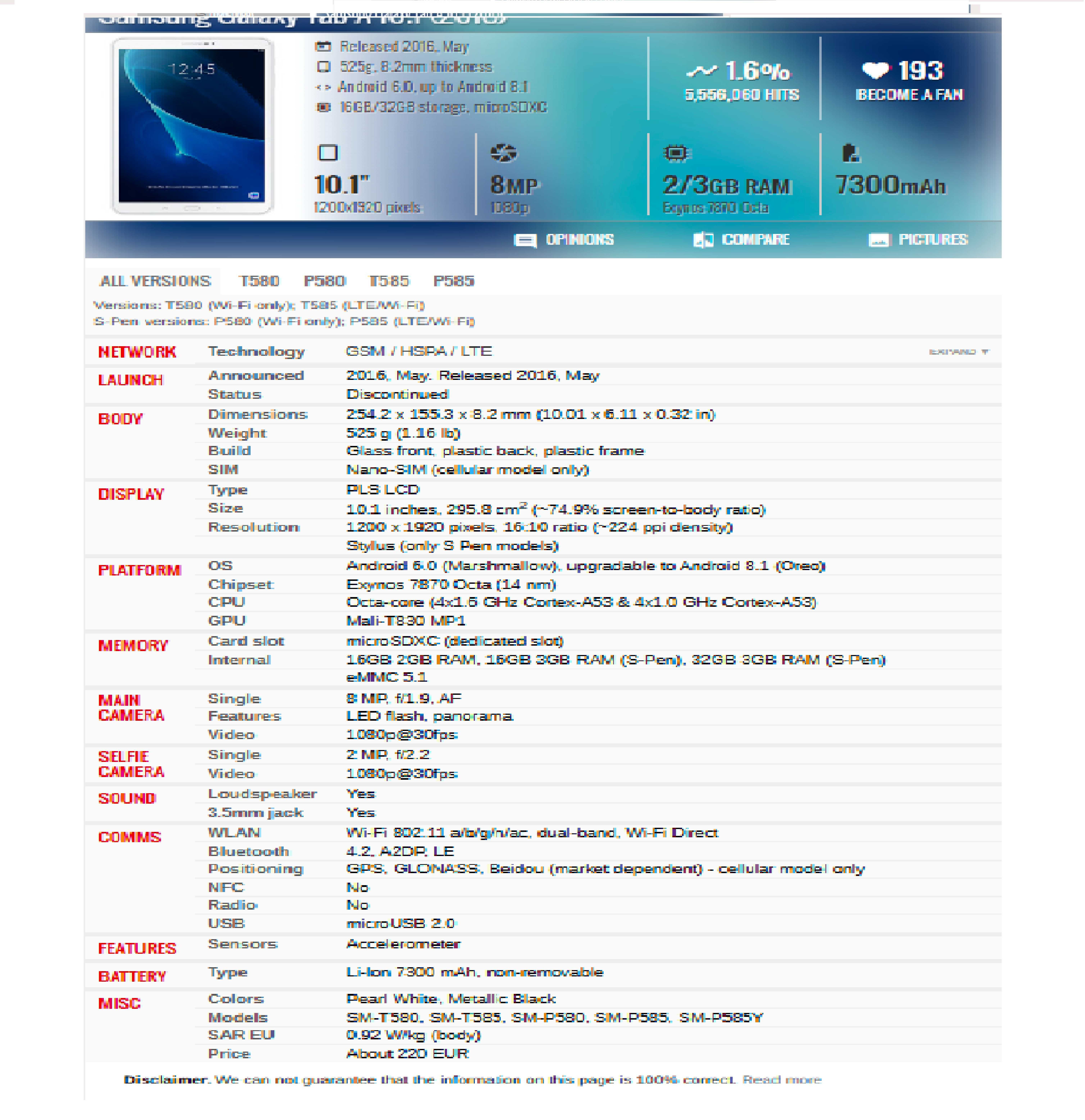 Таблет SAMSUNG SM-T585 10,1"