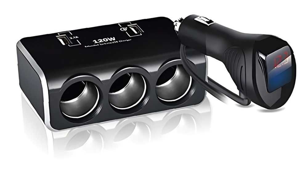 Разклонител за запалка с Волтметър 3 гнезда, 2 USB 12/24V, 120W.