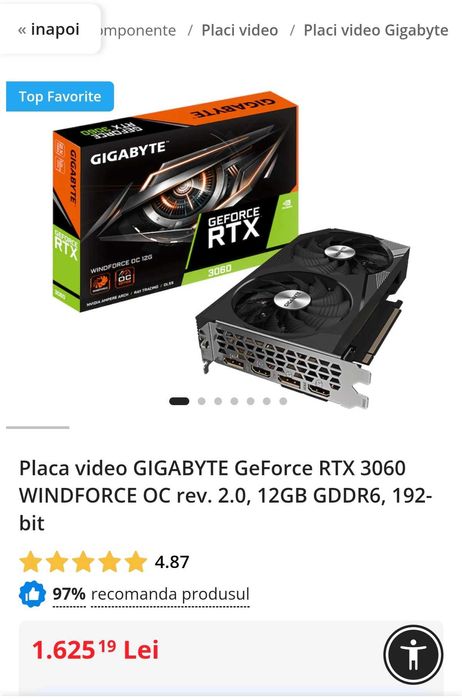 GIGABYTE GeForce RTX 3060 WINDFORCE OC rev. 2.0, 12GB GDDR6, 192-bit