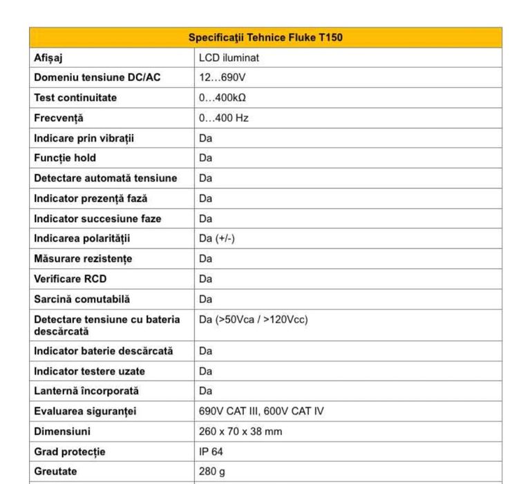 Tester Fluke T150 bipolar AC DC cu indicator LED