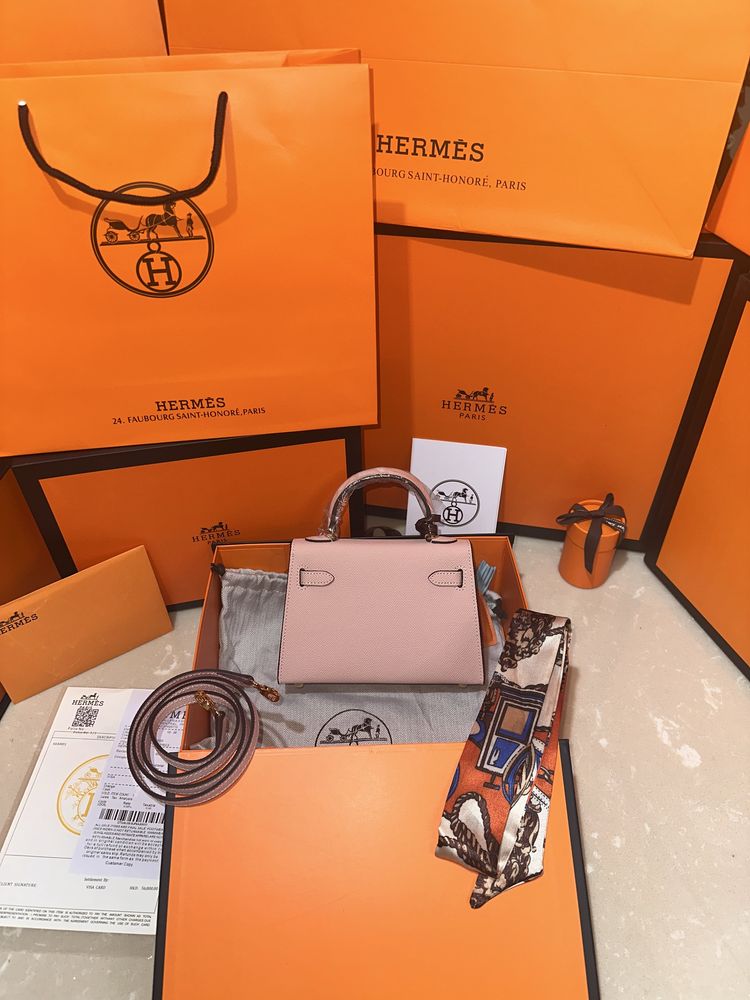 Geanta Hermes Kelly 19cm Roz deschis/Piele naturala/Punga/Cutie Hermes