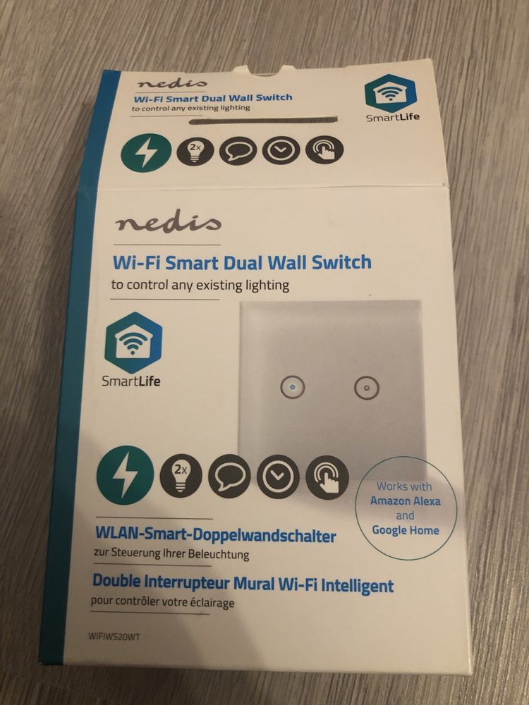Intrerupator dublu inteligent Nedis Dual, Wi-Fi, 300W, sticla, Alb