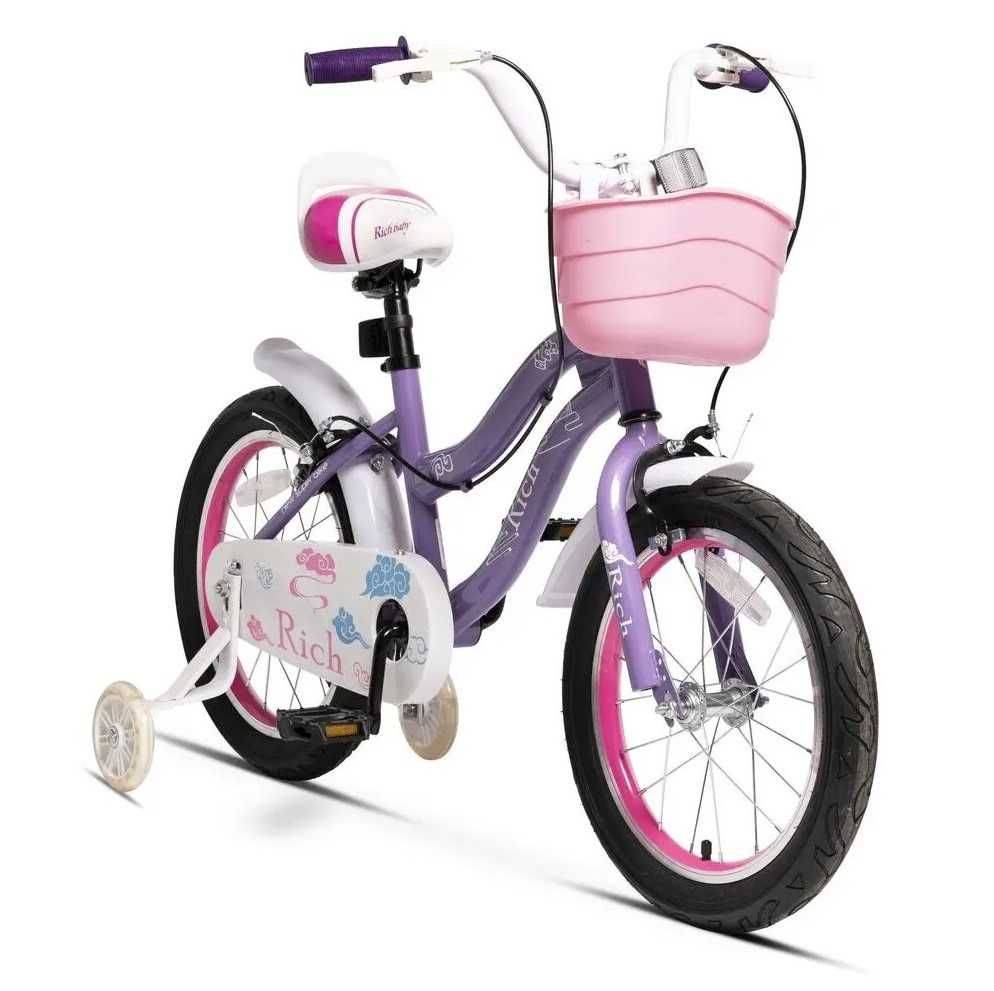 Bicicletă nouă copii 4-6 ani Rich Baby R1608A, roți ajutătoare Mov/Alb