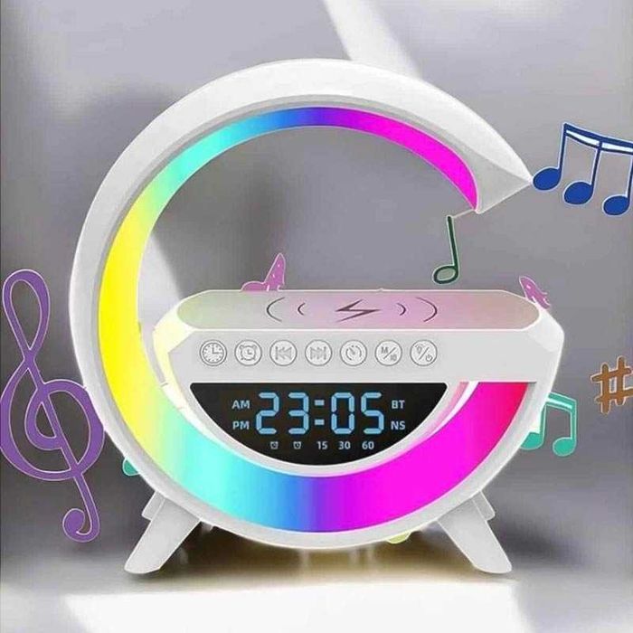 Лампа с безжично зарядно за телефон, аларма и Bluetooth LED колонка
