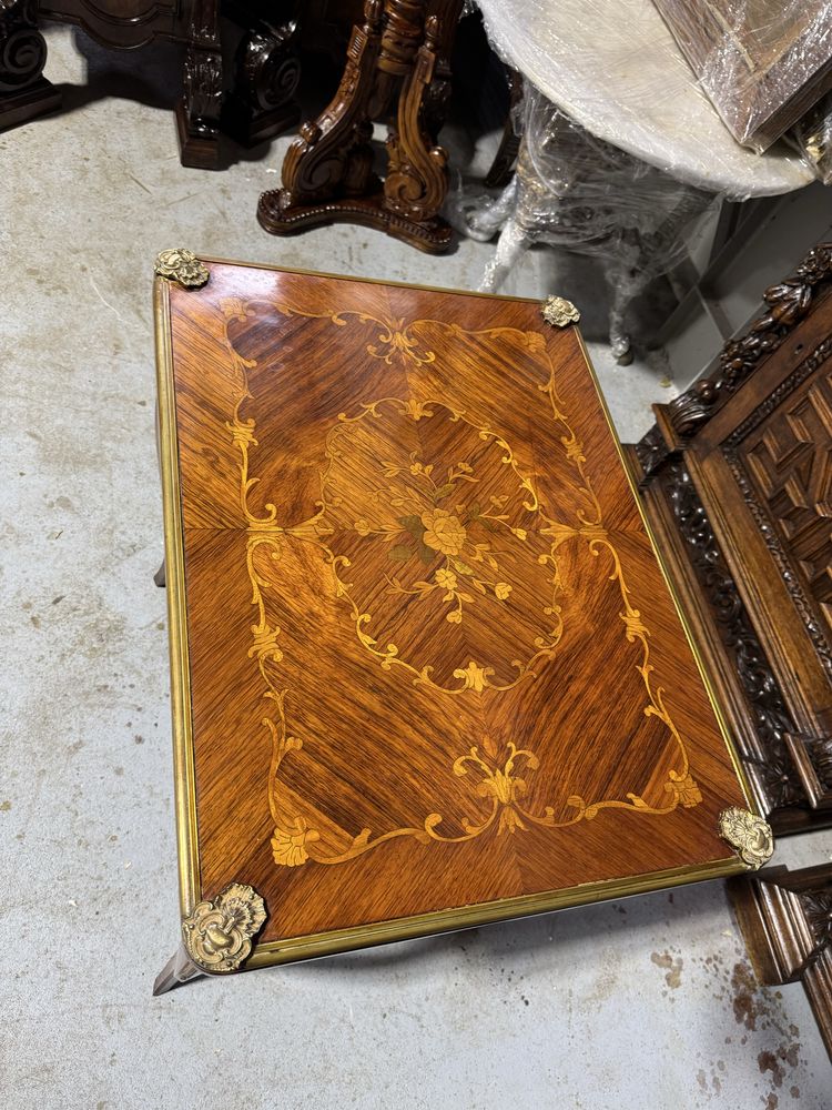 Masa de joc stil Louis XV din lemn cu intarsii si ornamente bronz
