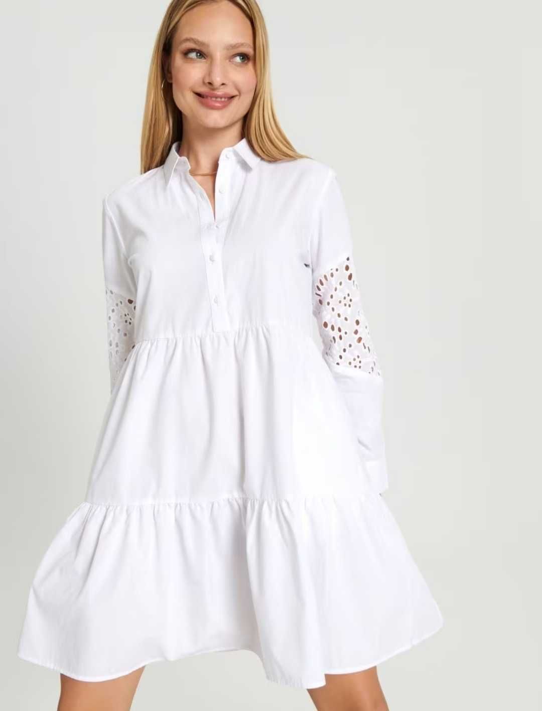 Mini бяла рокля с английска бродерия Sinsay / рокля с надиплени ръкави