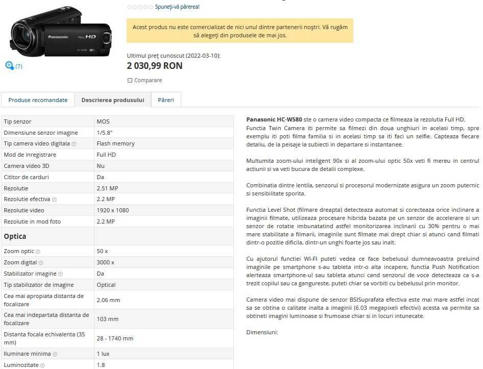 Camera video FullHD Panasonic HC-W580 zoom optic 90x