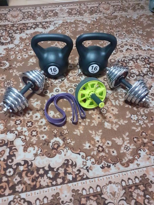 Гантель 15кг 2шт и гиря 16кг 2шт +ролик