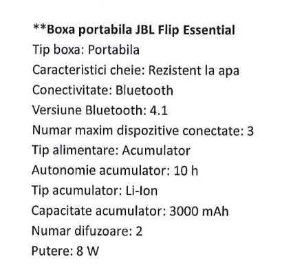 Boxa portabila Harman JBL Flip Essential, 10H, IPX7