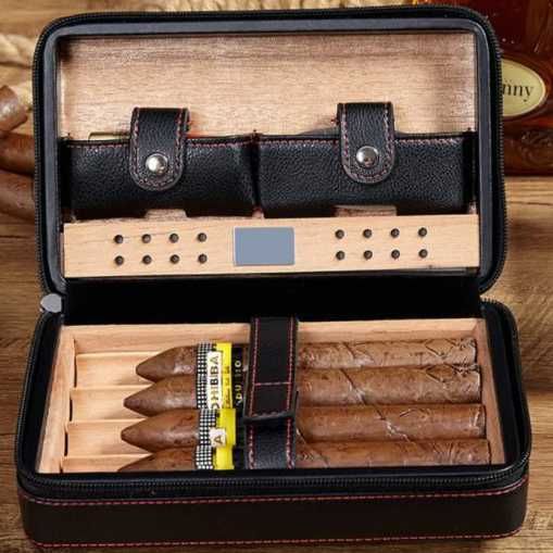 Кедров кожен Хумидор - кутия за пури място за запалка, резец и пури