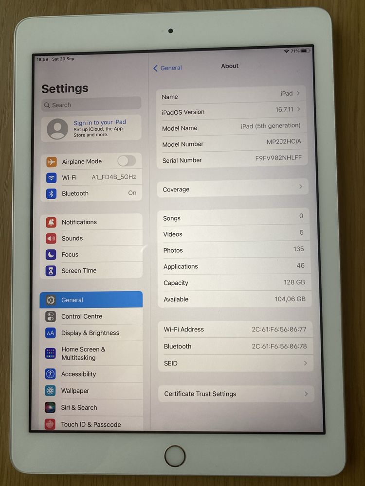 Ipad, 128 GB, 5th generation