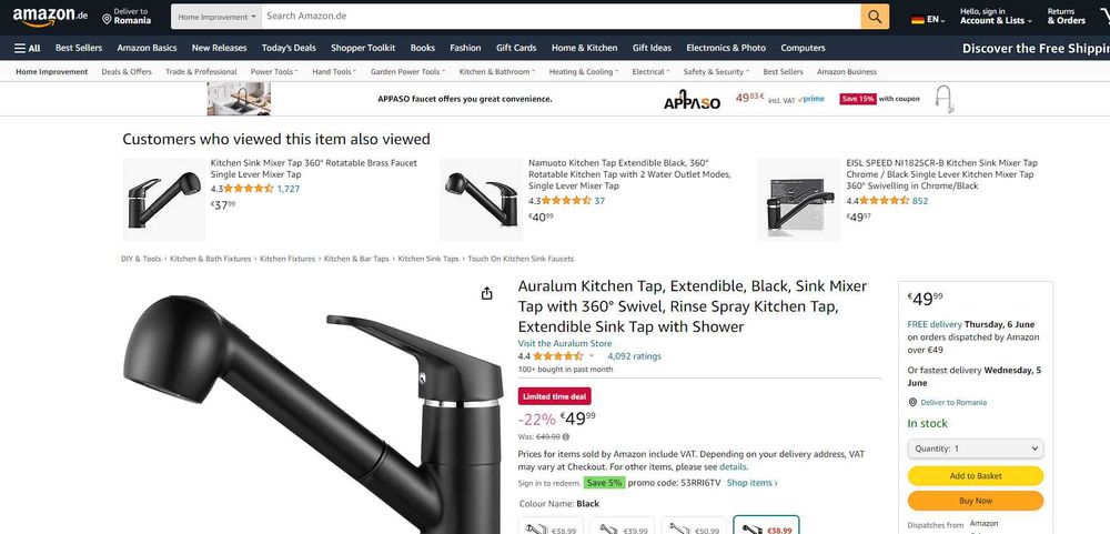 Baterie de Bucatarie cu dus, Crom sau Black, REDUS de la 250RON