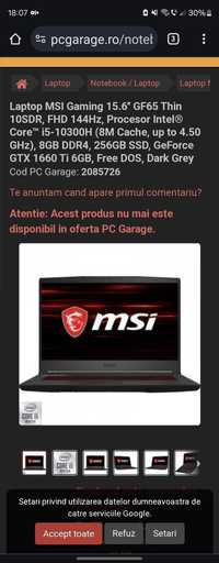 Vând Laptop Gaming MSI GF 65 Thin placa video 6gb