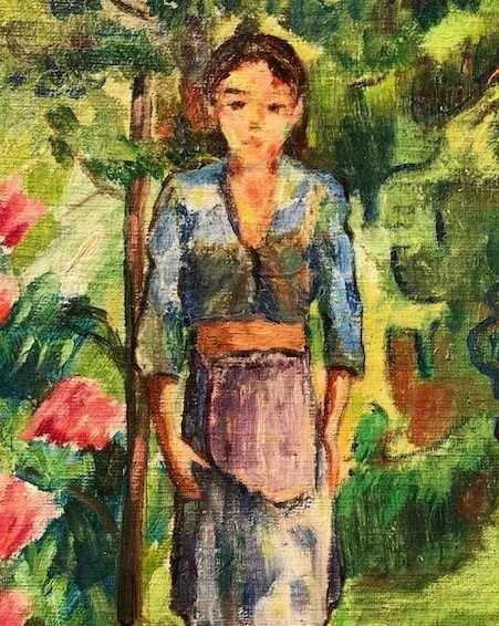 Fetiță în grădină” ulei/cart, 40x30cm Semnat,școală maghiara MODERNIST