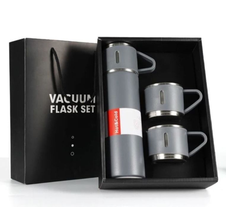 Подаръчен комплект термос с 3 чаши, зелен, розов, сив.