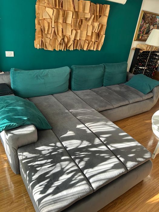 Canapea de colt gri, extensibila 310x210