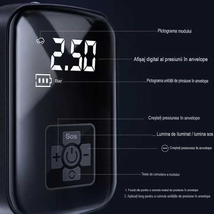 Compresor Auto Wireless Portabil 10 Bar Acumulator 2000 mAh PowerBank
