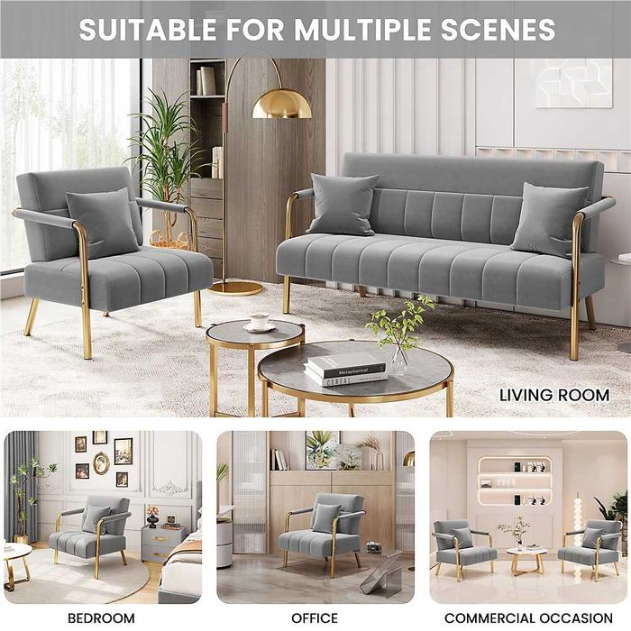 Fotoliu catifea, perna decorativa picioare aurii |S 593031 Light Gray