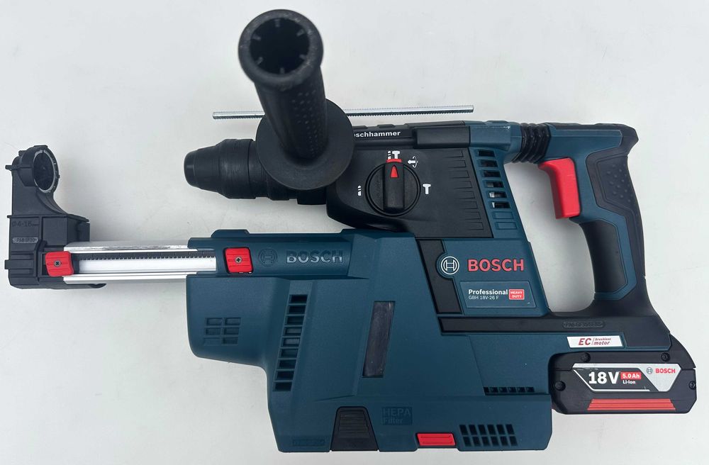 BOSCH GBH 18V-26 F + Bosch GDE 18V-16 - Безчетков перфоратор с прахоу.