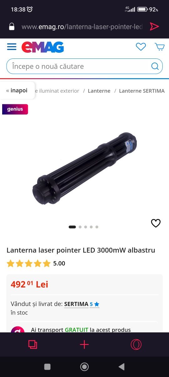 Laser pointer albastru 3 Watti - 450nm