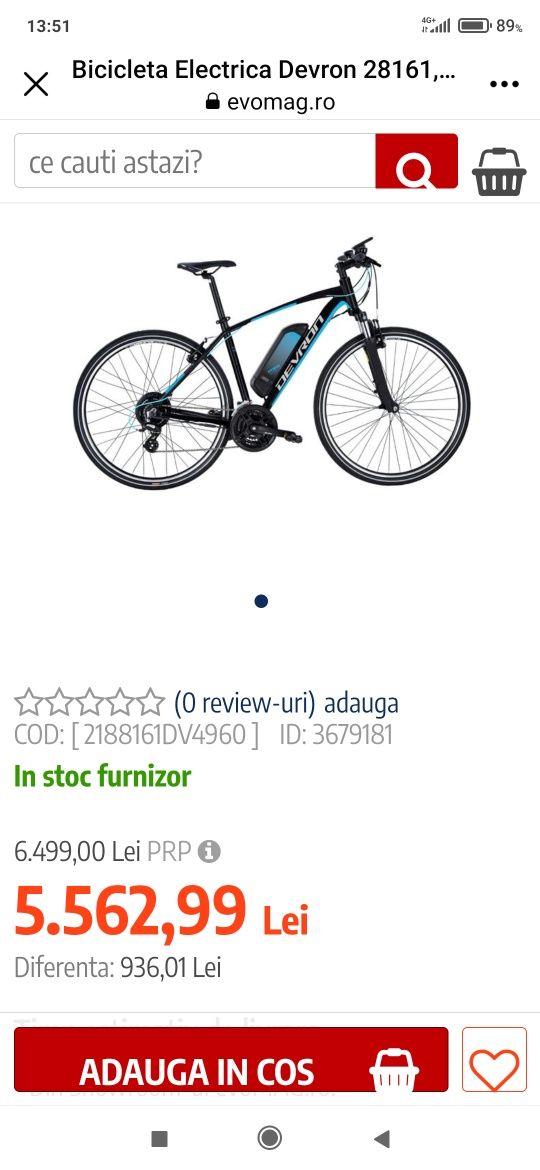 Bicicleta Electrica Devron 28161 XL 520Mm Negru Mat 28 Inch