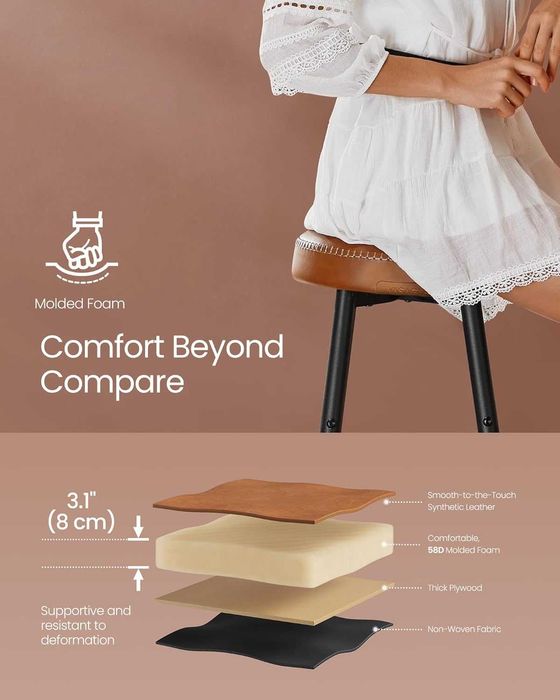 Set 2 scaune de bar, 45 x 45 x 76 cm, sezut tapitat, maro inchis