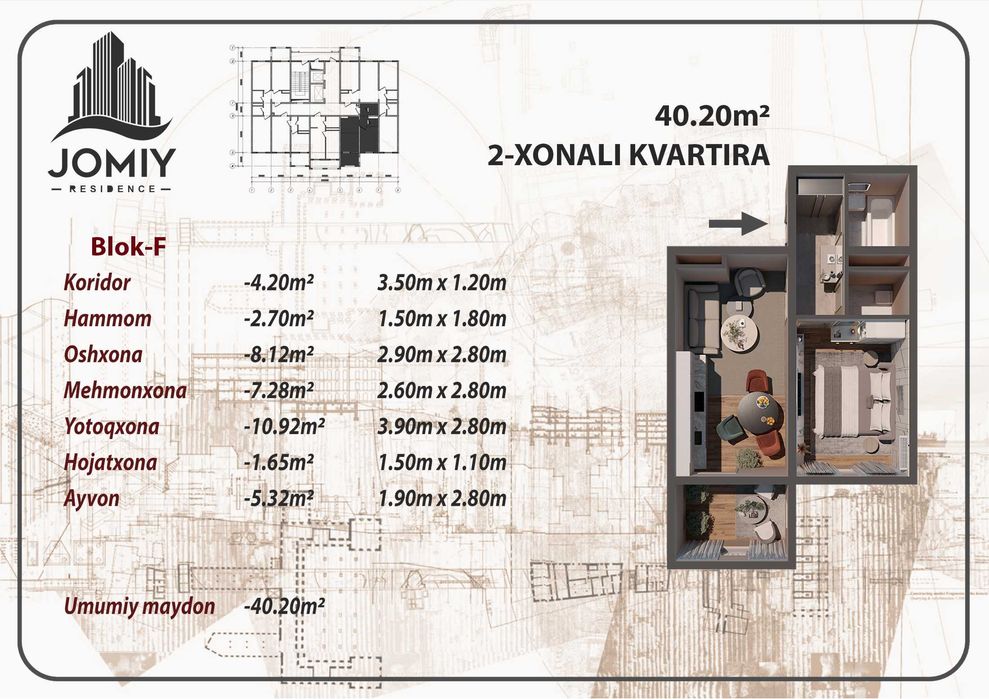 Jomiy Residencedan Comfort + xonadonlar tayyor ta'mirlangan xolatda