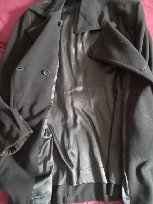 palton dama din lana negru trei sferturi marime 48, L merge si XL