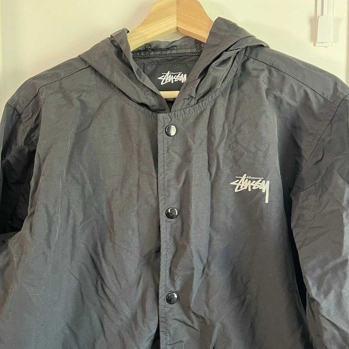 Stussy Jacket Mens Medium Black Long Coach Hooded Rain Coat