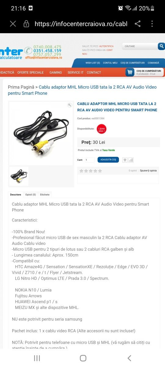 Cablu adaptor MHL micro usb